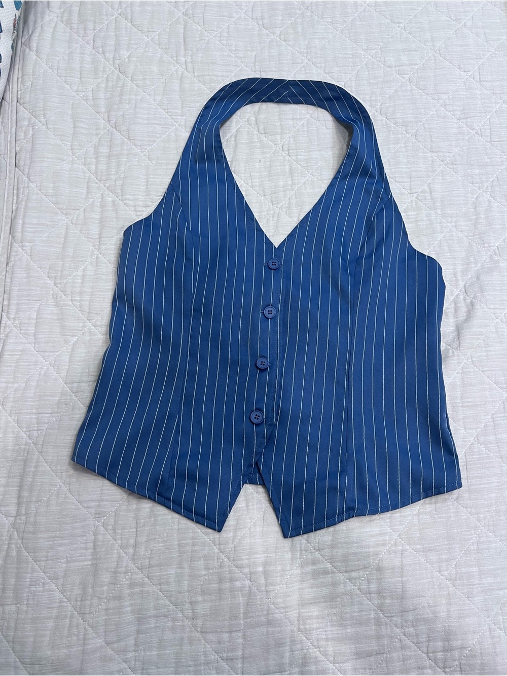 Blue and white buttoned up Pinstripe Halter Vest
